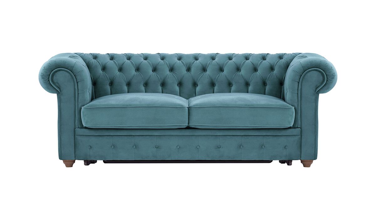 Chesterfield Max Borneo – Canapé trois places convertible avec sommier, bleu - Velluto 12, Couleur des pieds: Chêne foncé