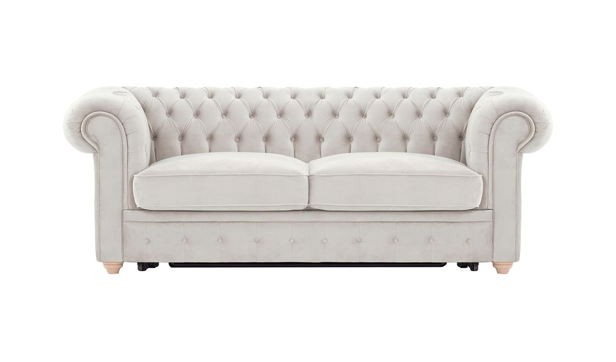 Chesterfield Max Borneo – Canapé trois places convertible avec sommier, beige clair - Velluto 2, Couleur des pieds: Chêne clair