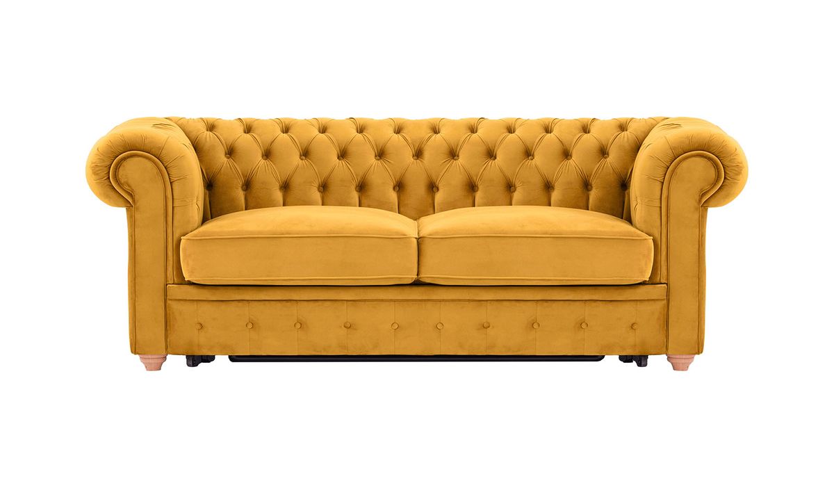 Chesterfield Max Borneo – Canapé trois places convertible avec sommier, moutarde - Velluto 8, Couleur des pieds: aveo