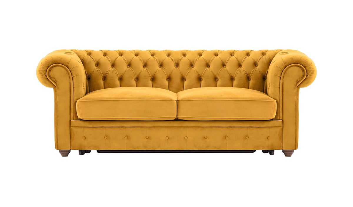 Chesterfield Max Borneo – Canapé trois places convertible avec sommier, moutarde - Velluto 8, Couleur des pieds: Chêne foncé