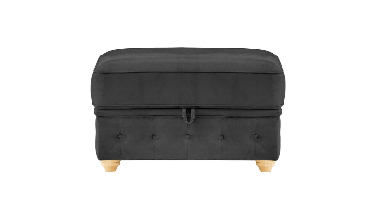 Chesterfield Borneo – Pouf avec coffre de rangement, noir - Velluto 20, Couleur des pieds: Chêne clair