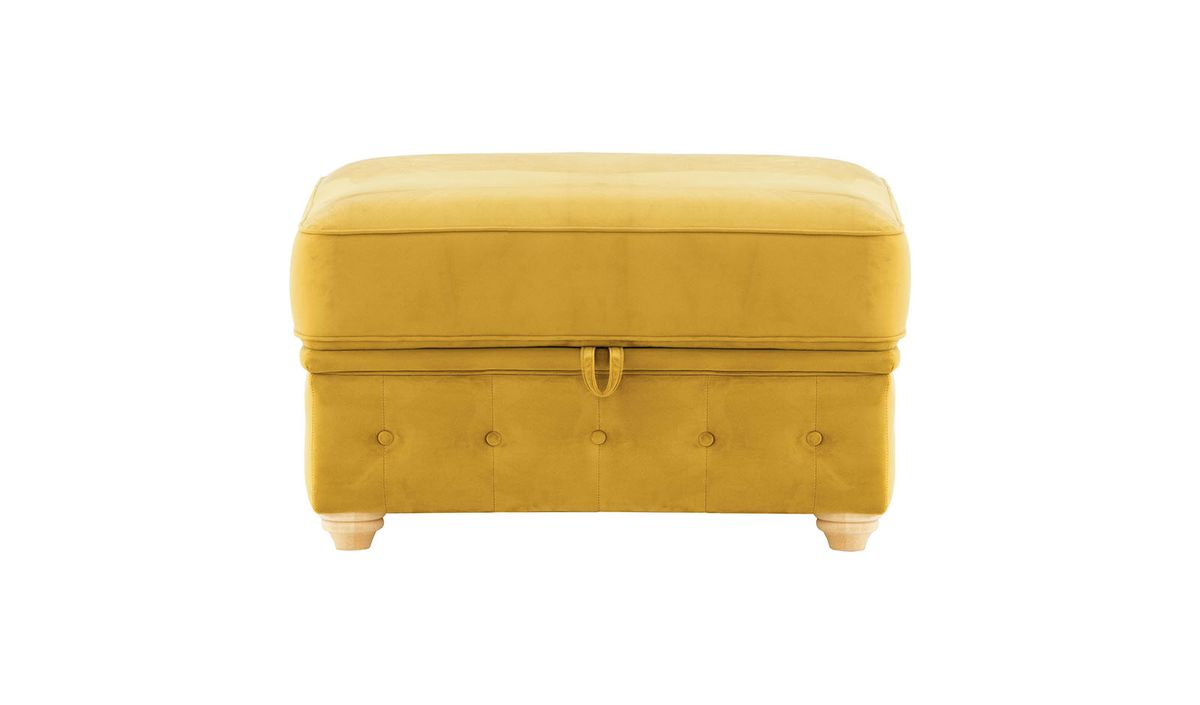 Chesterfield Borneo – Pouf avec coffre de rangement, moutarde - Velluto 8, Couleur des pieds: Chêne clair