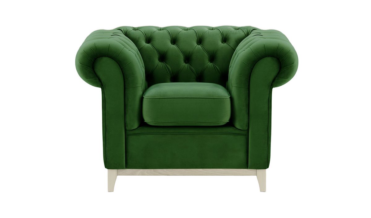 Fauteuil Chesterfield Wood, vert foncé - Velluto 10, Couleur des pieds: Blanc