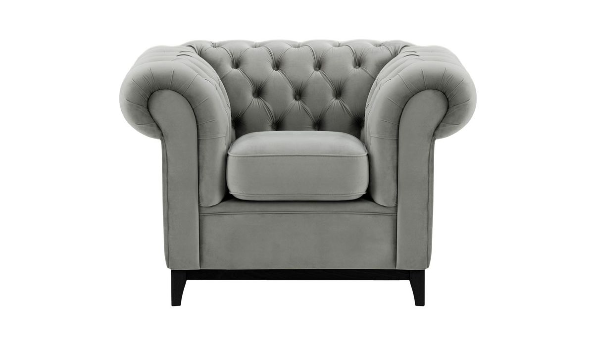 Fauteuil Chesterfield Wood, gris clair - Velluto 15, Couleur des pieds: Noir