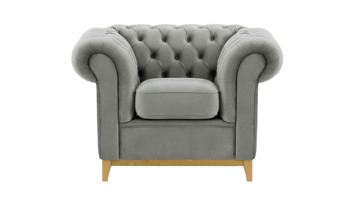 Fauteuil Chesterfield Wood, gris clair - Velluto 15, Couleur des pieds: Chêne clair