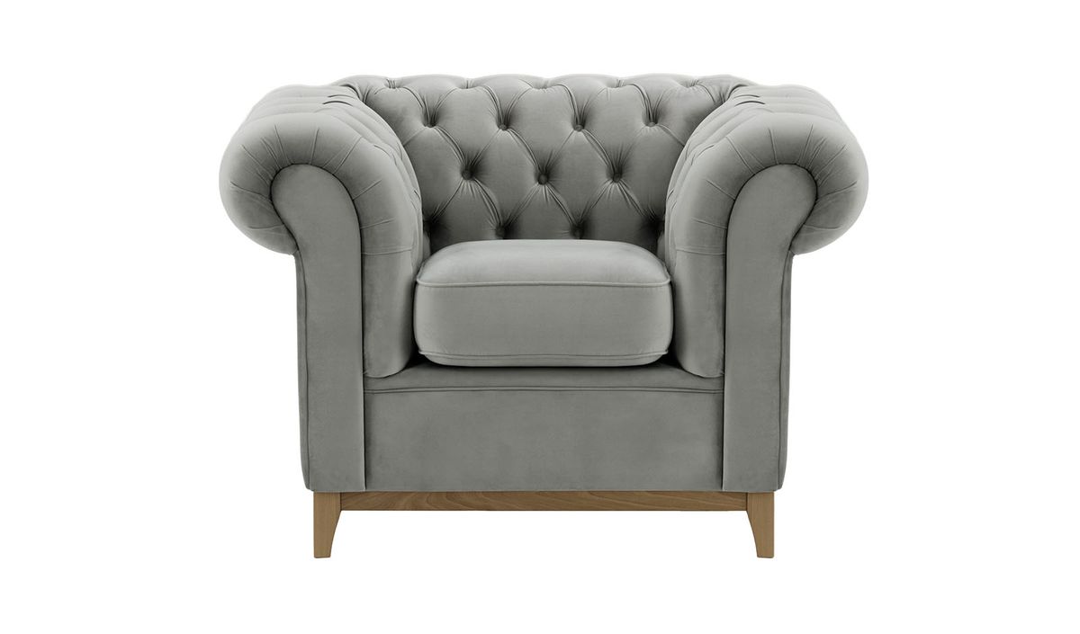 Fauteuil Chesterfield Wood, gris clair - Velluto 15, Couleur des pieds: Noir wax