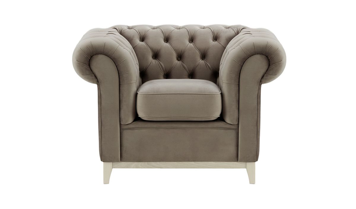Fauteuil Chesterfield Wood, gris éléphant - Velluto 17, Couleur des pieds: Blanc