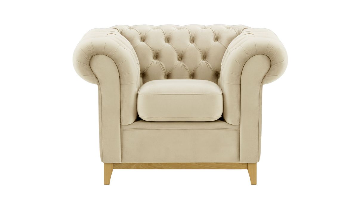 Fauteuil Chesterfield Wood, beige clair - Velluto 2, Couleur des pieds: Chêne clair
