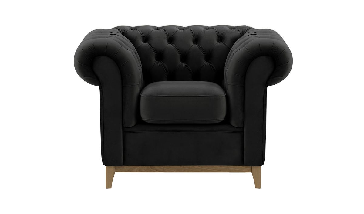 Fauteuil Chesterfield Wood, noir - Velluto 20, Couleur des pieds: Noir wax