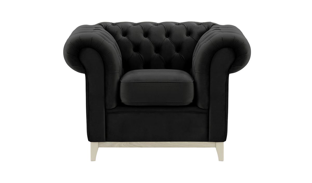 Fauteuil Chesterfield Wood, noir - Velluto 20, Couleur des pieds: Blanc