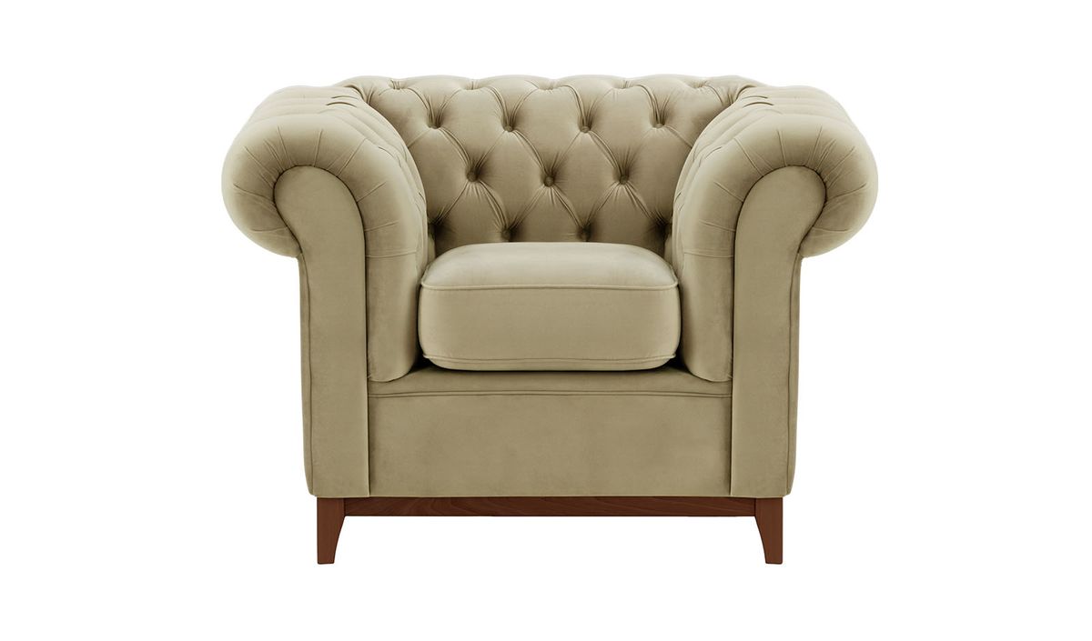 Fauteuil Chesterfield Wood, beige - Velluto 3, Couleur des pieds: Chêne foncé