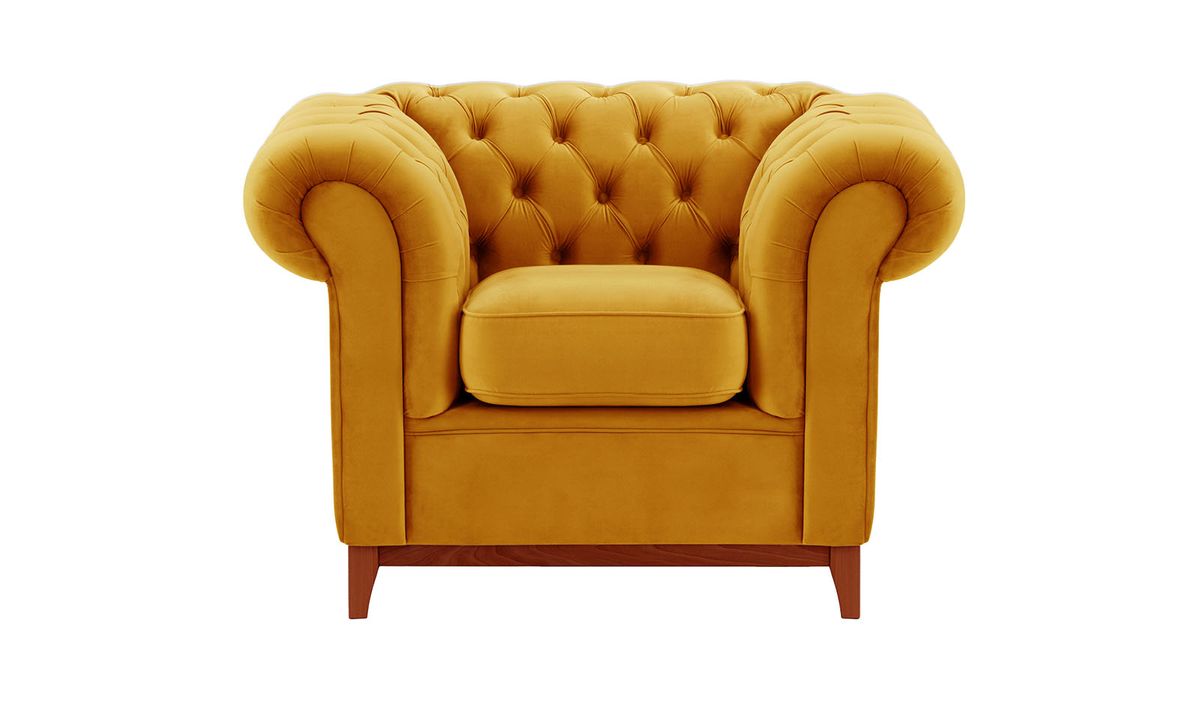 Fauteuil Chesterfield Wood, moutarde - Velluto 8, Couleur des pieds: aveo