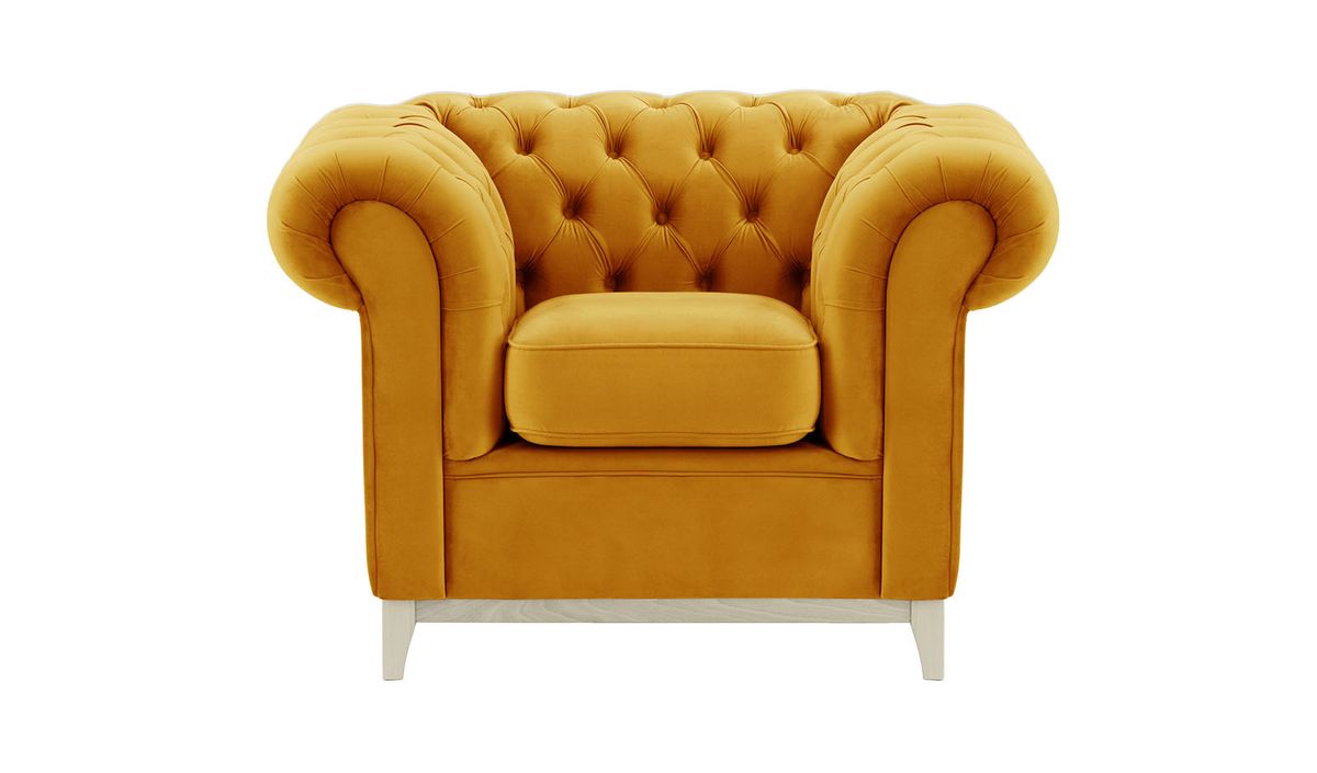 Fauteuil Chesterfield Wood, moutarde - Velluto 8, Couleur des pieds: Blanc