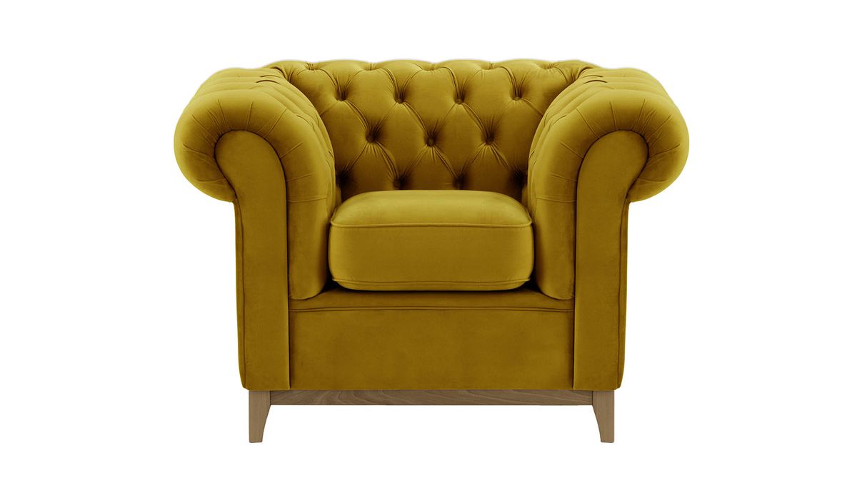 Fauteuil Chesterfield Wood, olive - Velluto 9, Couleur des pieds: Noir wax