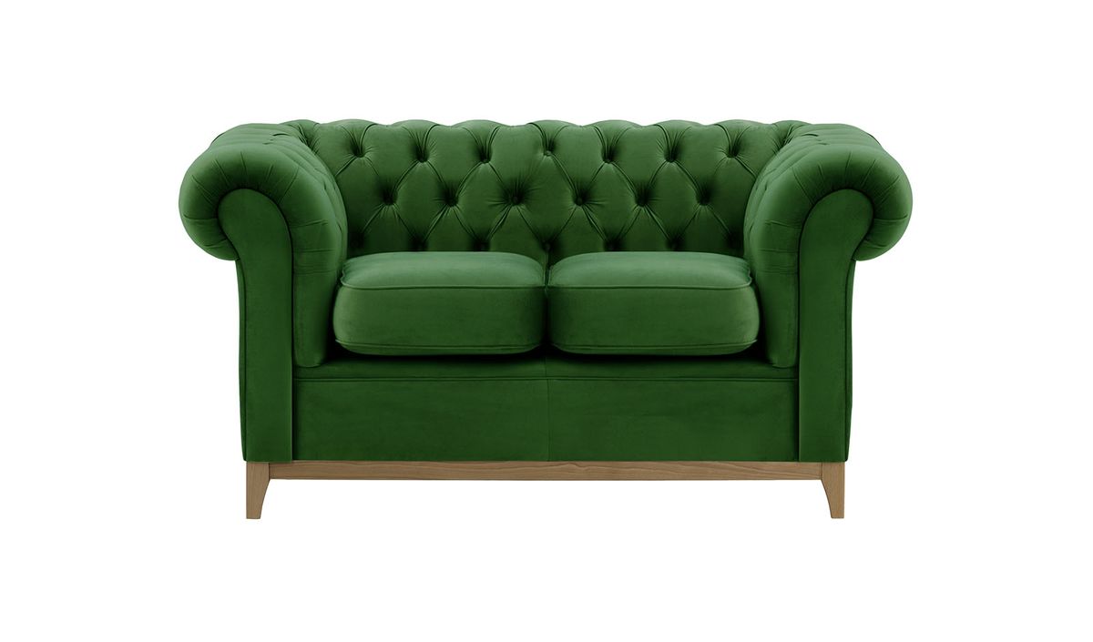 Canapé deux places Chesterfield Wood, vert foncé - Velluto 10, Couleur des pieds: Noir wax