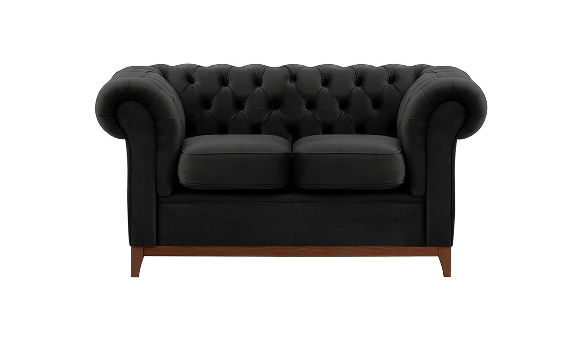 Canapé deux places Chesterfield Wood, noir - Velluto 20, Couleur des pieds: Chêne foncé