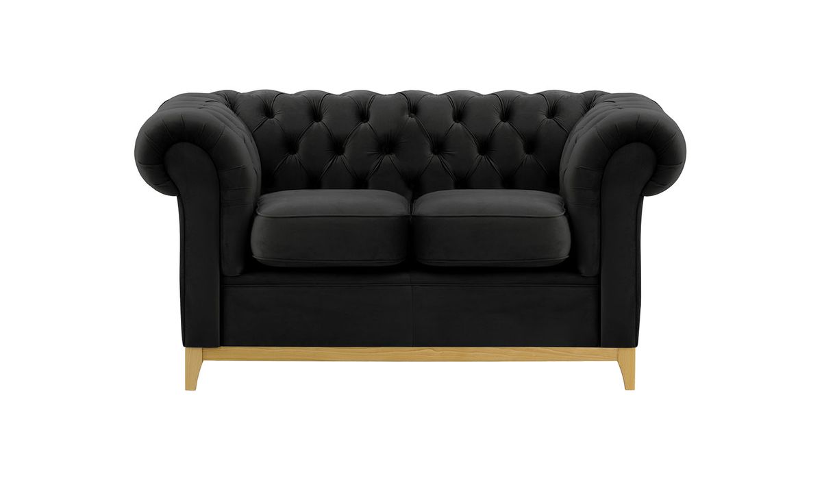Canapé deux places Chesterfield Wood, noir - Velluto 20, Couleur des pieds: Chêne clair