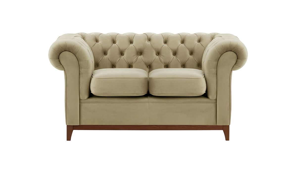 Canapé deux places Chesterfield Wood, beige - Velluto 3, Couleur des pieds: Chêne foncé