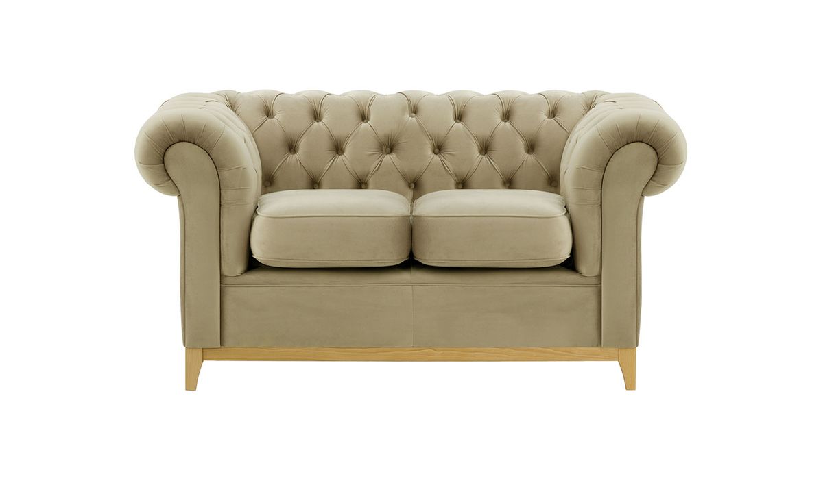 Canapé deux places Chesterfield Wood, beige - Velluto 3, Couleur des pieds: Chêne clair