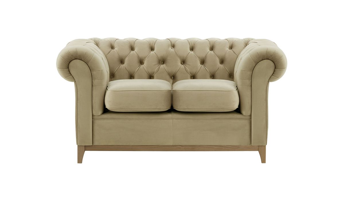 Canapé deux places Chesterfield Wood, beige - Velluto 3, Couleur des pieds: Noir wax