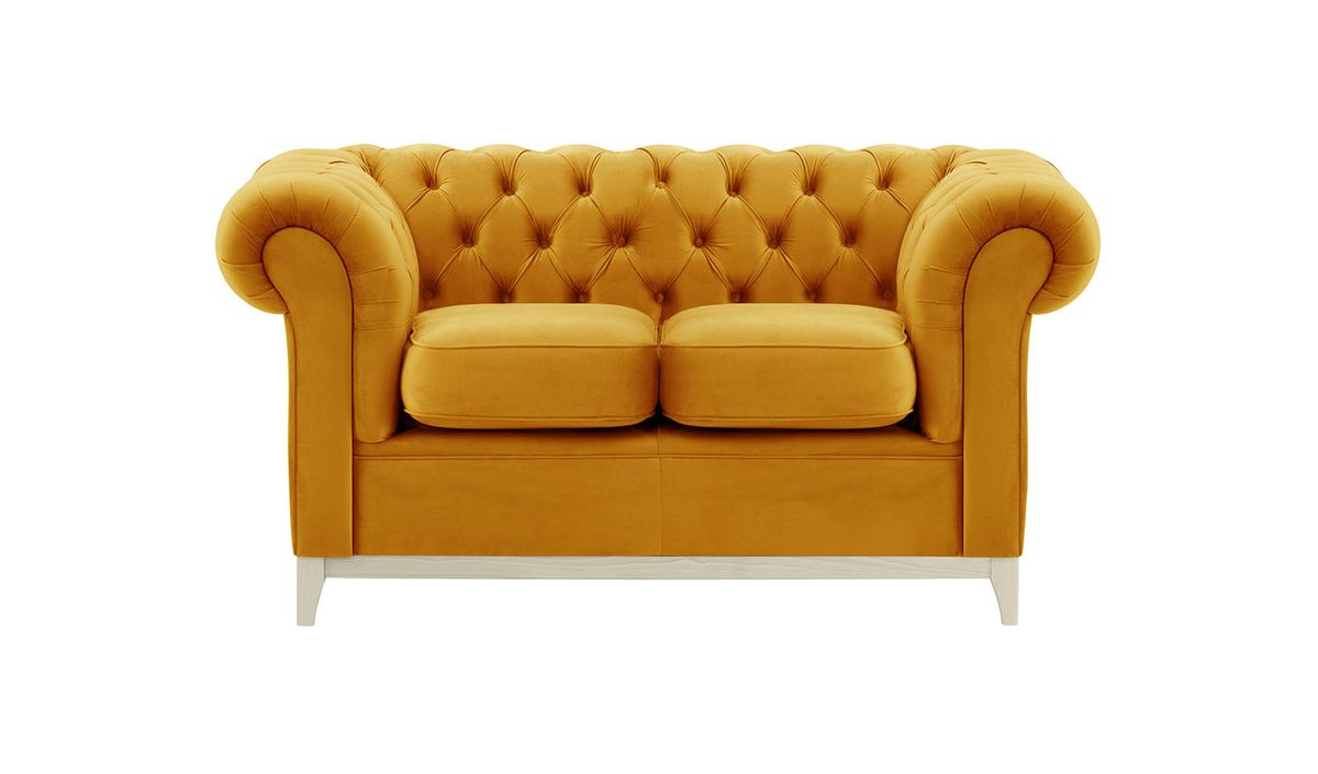 Canapé deux places Chesterfield Wood, moutarde - Velluto 8, Couleur des pieds: Blanc