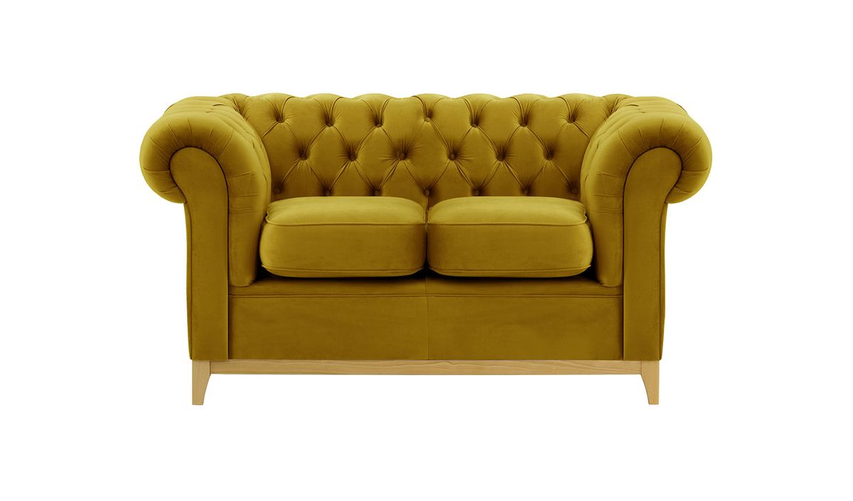 Canapé deux places Chesterfield Wood, olive - Velluto 9, Couleur des pieds: Chêne clair