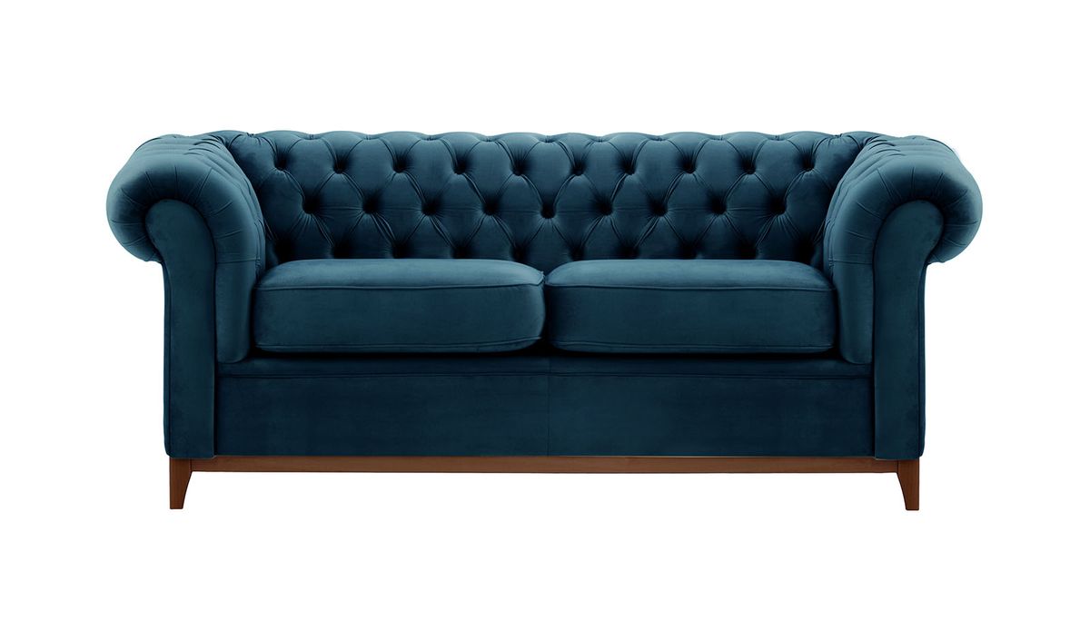Canapé trois places Chesterfield Wood, bleu - Velluto 11, Couleur des pieds: Chêne foncé