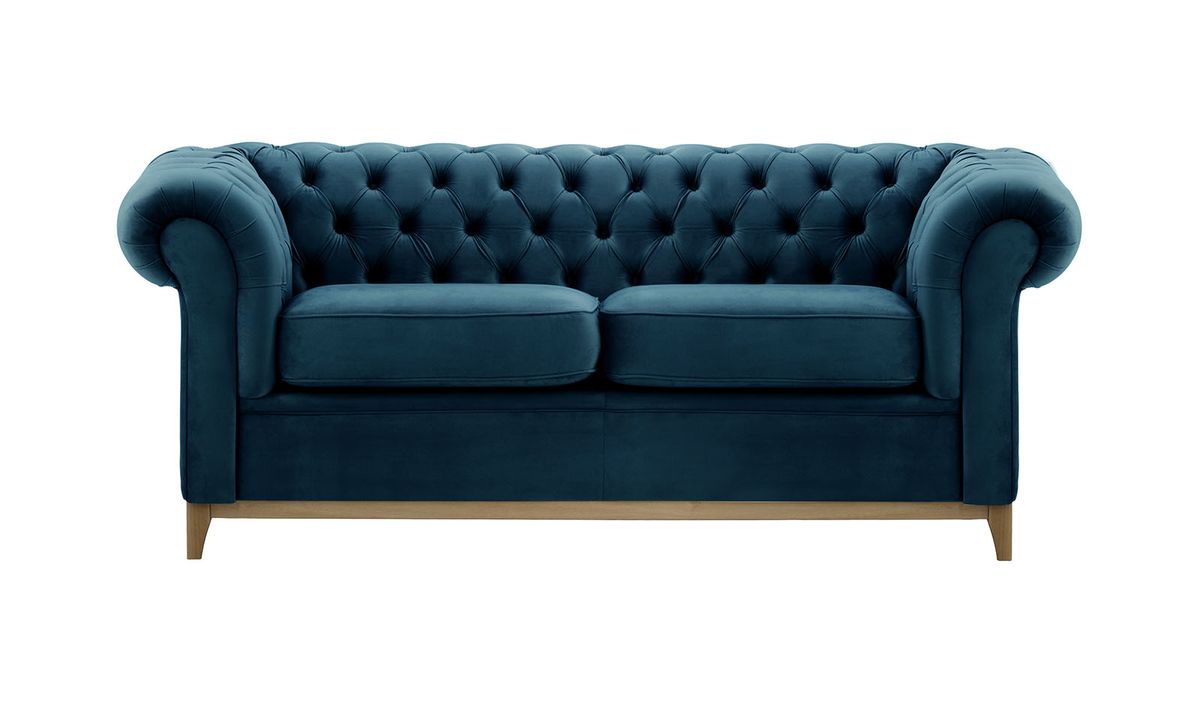 Canapé trois places Chesterfield Wood, bleu - Velluto 11, Couleur des pieds: Noir wax