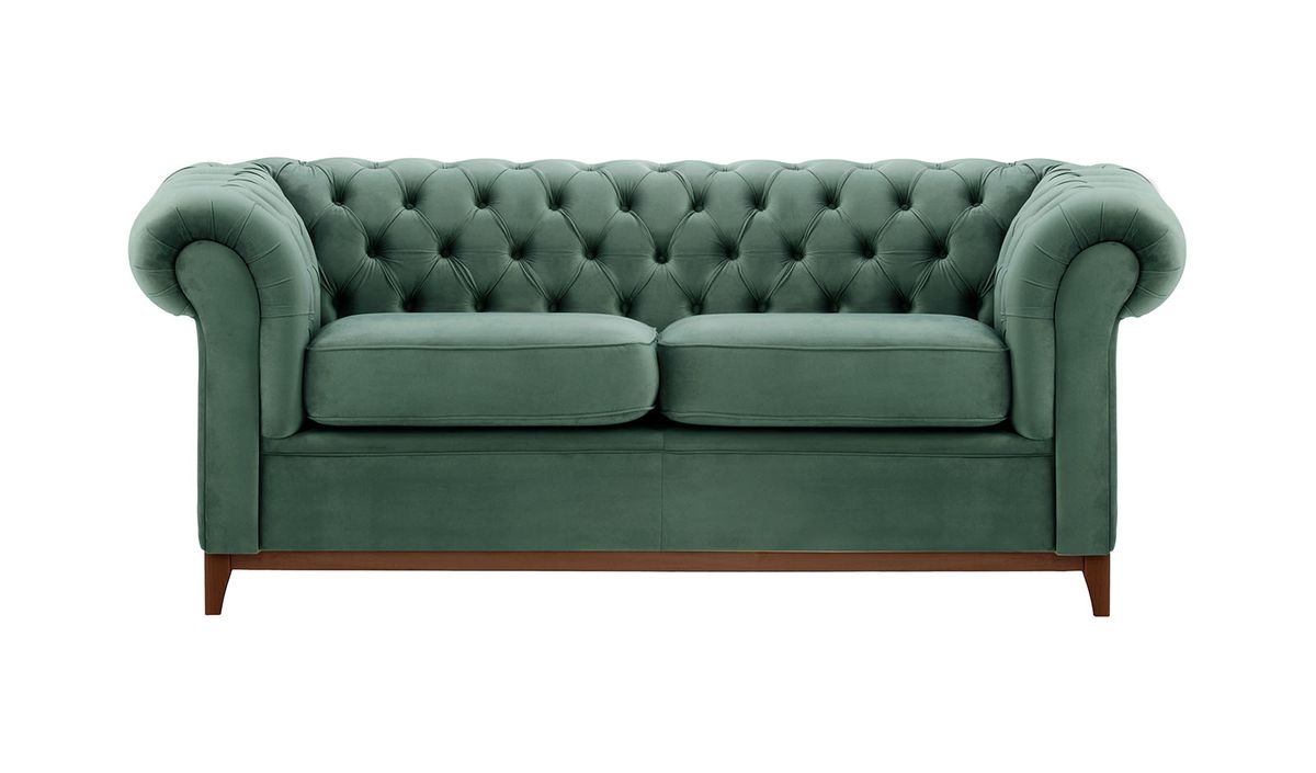 Canapé trois places Chesterfield Wood, bleu - Velluto 12, Couleur des pieds: Chêne foncé