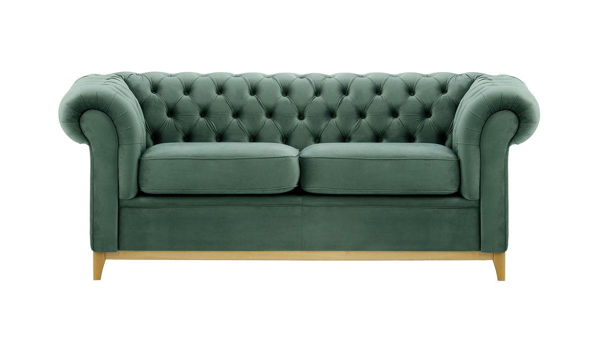 Canapé trois places Chesterfield Wood, bleu - Velluto 12, Couleur des pieds: Chêne clair