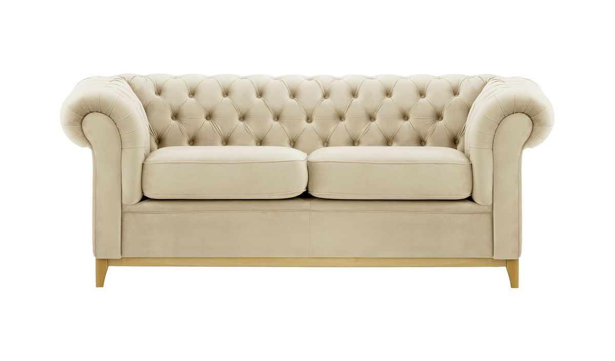 Canapé trois places Chesterfield Wood, beige clair - Velluto 2, Couleur des pieds: Chêne clair
