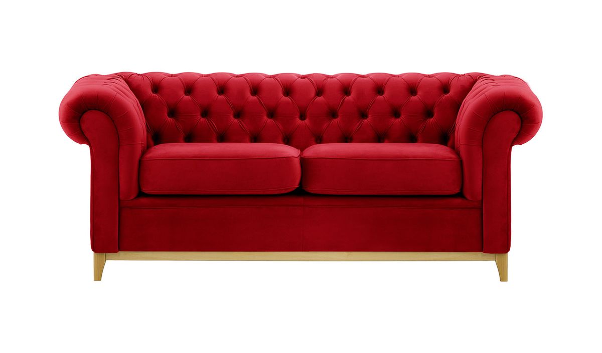 Canapé trois places Chesterfield Wood, rouge - Velluto 7, Couleur des pieds: Chêne clair