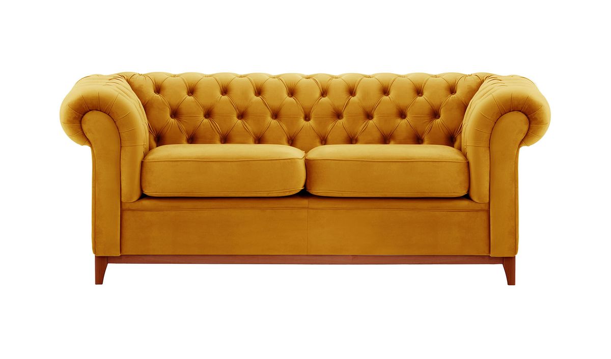 Canapé trois places Chesterfield Wood, moutarde - Velluto 8, Couleur des pieds: aveo