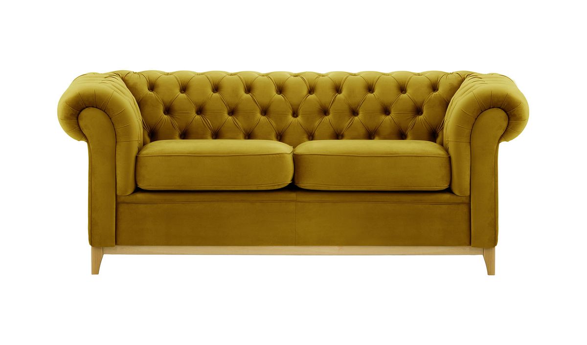 Canapé trois places Chesterfield Wood, olive - Velluto 9, Couleur des pieds: Chêne clair