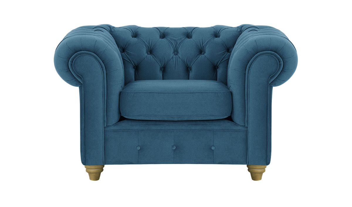 Fauteuil Chesterfield Max, bleu - Velluto 11, Couleur des pieds: Noir wax