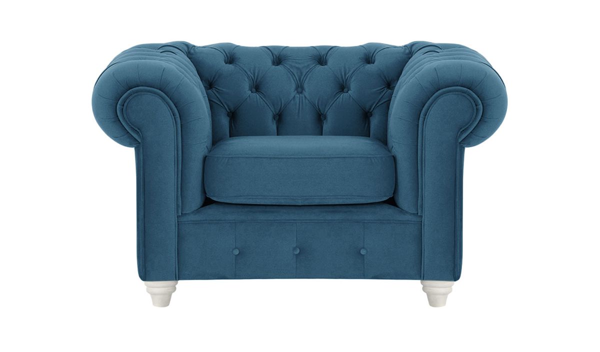 Fauteuil Chesterfield Max, bleu - Velluto 11, Couleur des pieds: Blanc