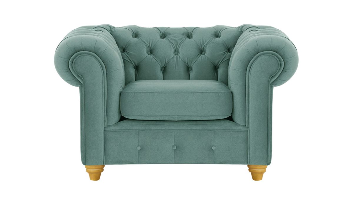 Fauteuil Chesterfield Max, bleu - Velluto 12, Couleur des pieds: Chêne clair