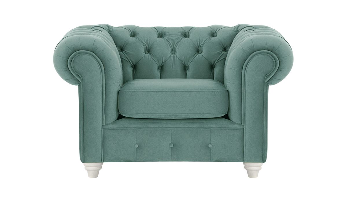 Fauteuil Chesterfield Max, bleu - Velluto 12, Couleur des pieds: Blanc