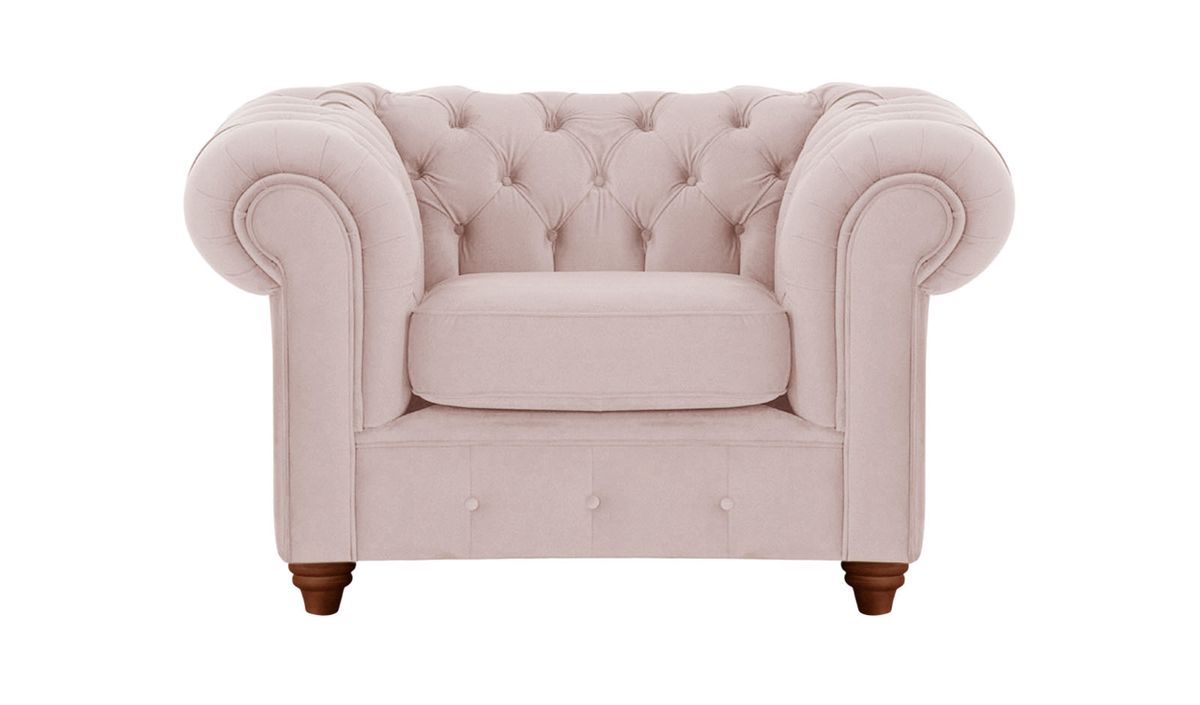 Fauteuil Chesterfield Max, lila/rose - Velluto 14, Couleur des pieds: Chêne foncé