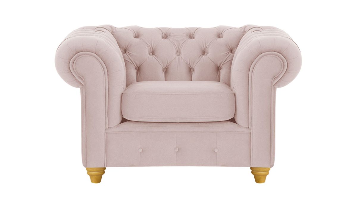 Fauteuil Chesterfield Max, lila/rose - Velluto 14, Couleur des pieds: Chêne clair
