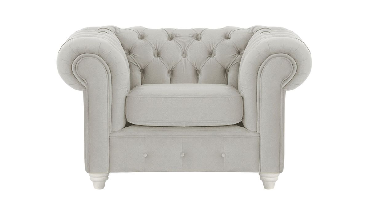 Fauteuil Chesterfield Max, gris clair - Velluto 15, Couleur des pieds: Blanc