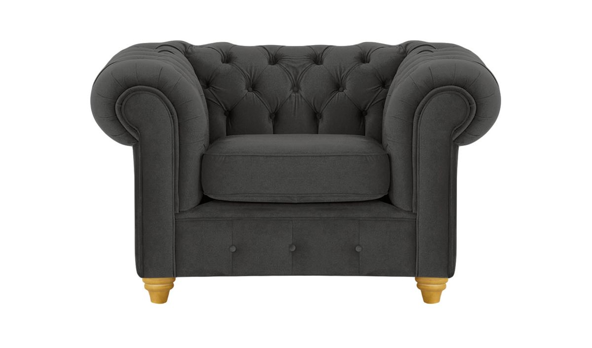 Fauteuil Chesterfield Max, noir - Velluto 20, Couleur des pieds: Chêne clair