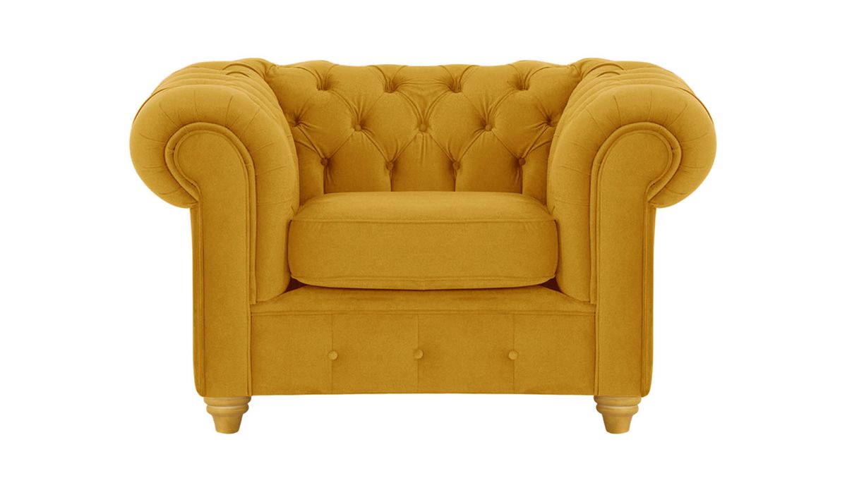 Fauteuil Chesterfield Max, moutarde - Velluto 8, Couleur des pieds: Chêne clair