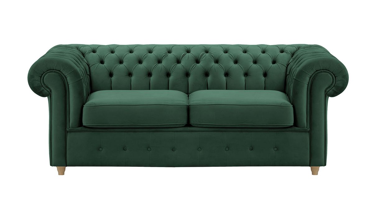 Chesterfield Max – Canapé deux places avec fonction de couchage, vert foncé - Velluto 10, Couleur des pieds: Chêne clair