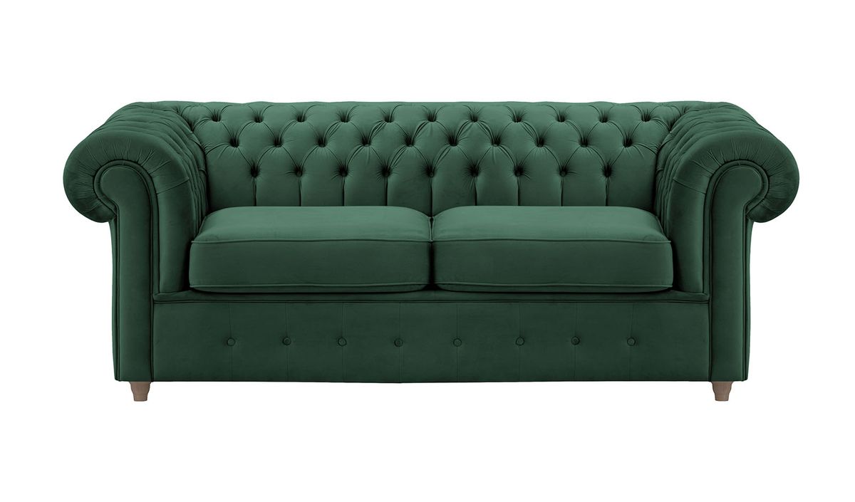 Chesterfield Max – Canapé deux places avec fonction de couchage, vert foncé - Velluto 10, Couleur des pieds: Noir wax
