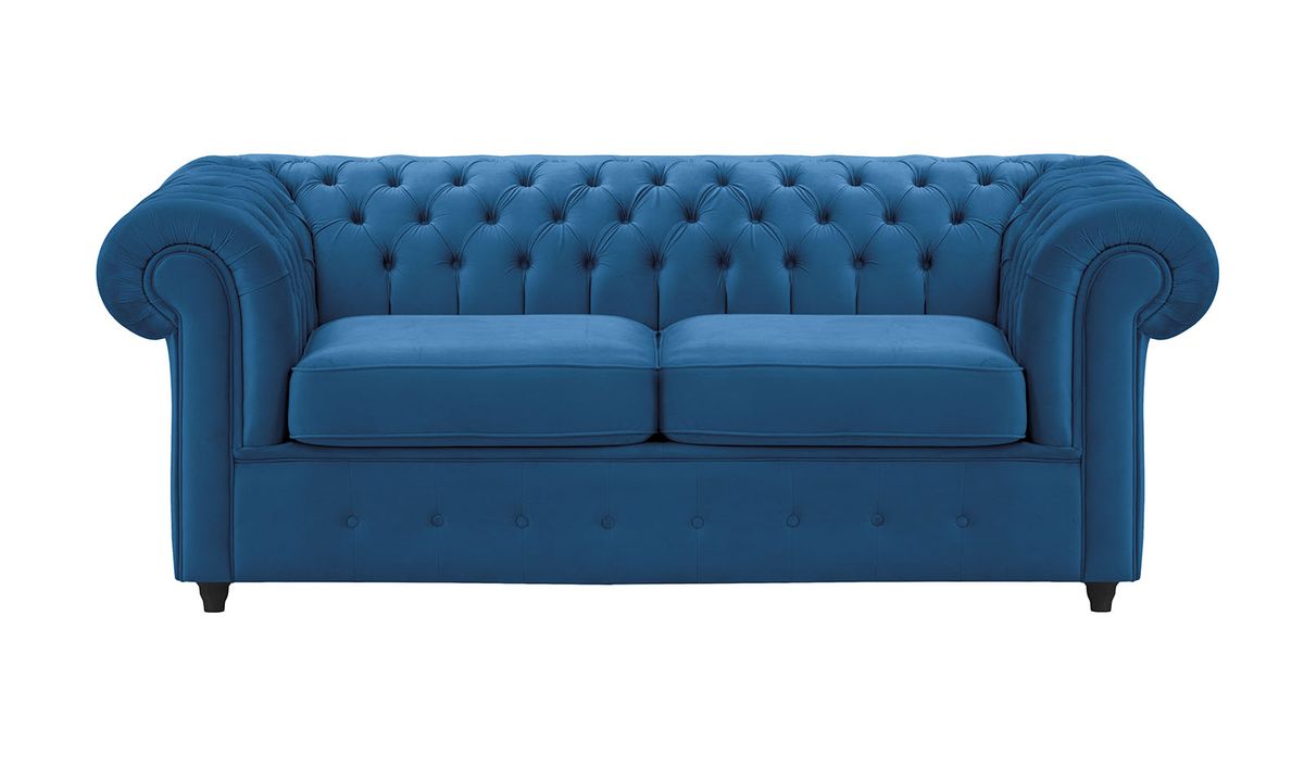 Chesterfield Max – Canapé deux places avec fonction de couchage, bleu - Velluto 11, Couleur des pieds: Noir