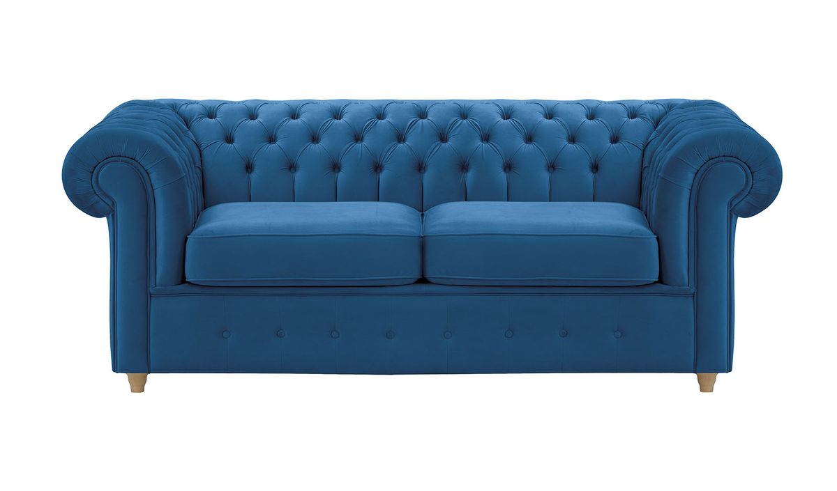 Chesterfield Max – Canapé deux places avec fonction de couchage, bleu - Velluto 11, Couleur des pieds: Chêne clair