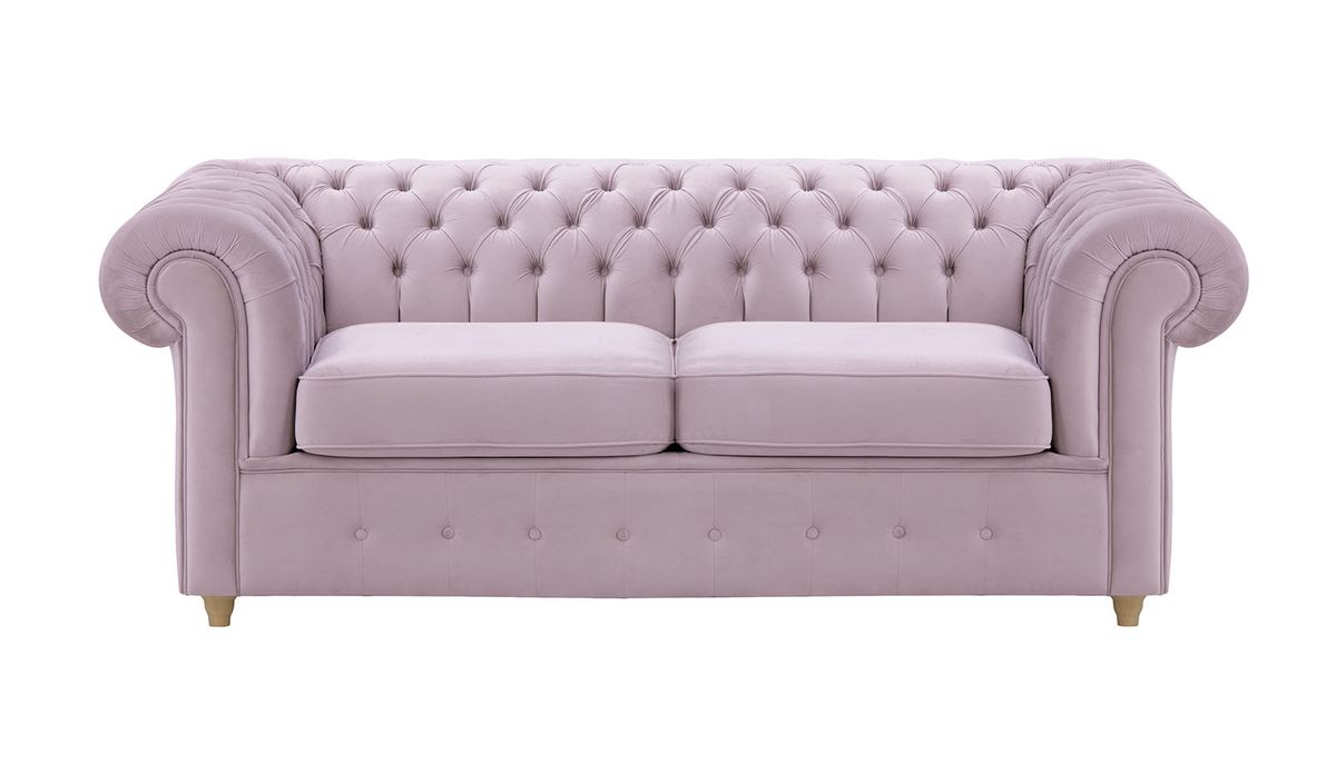 Chesterfield Max – Canapé deux places avec fonction de couchage, lila/rose - Velluto 14, Couleur des pieds: Chêne clair