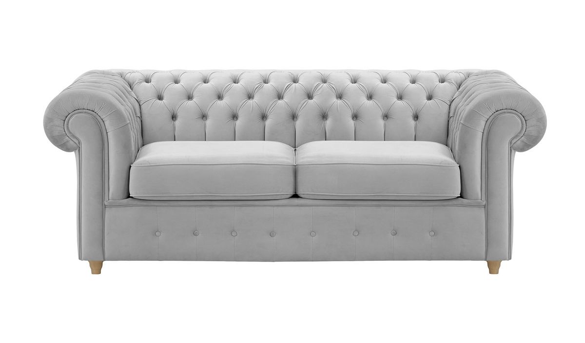 Chesterfield Max – Canapé deux places avec fonction de couchage, gris clair - Velluto 15, Couleur des pieds: Chêne clair