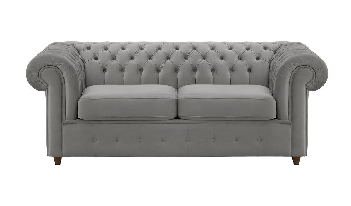 Chesterfield Max – Canapé deux places avec fonction de couchage, gris éléphant - Velluto 17, Couleur des pieds: Chêne foncé